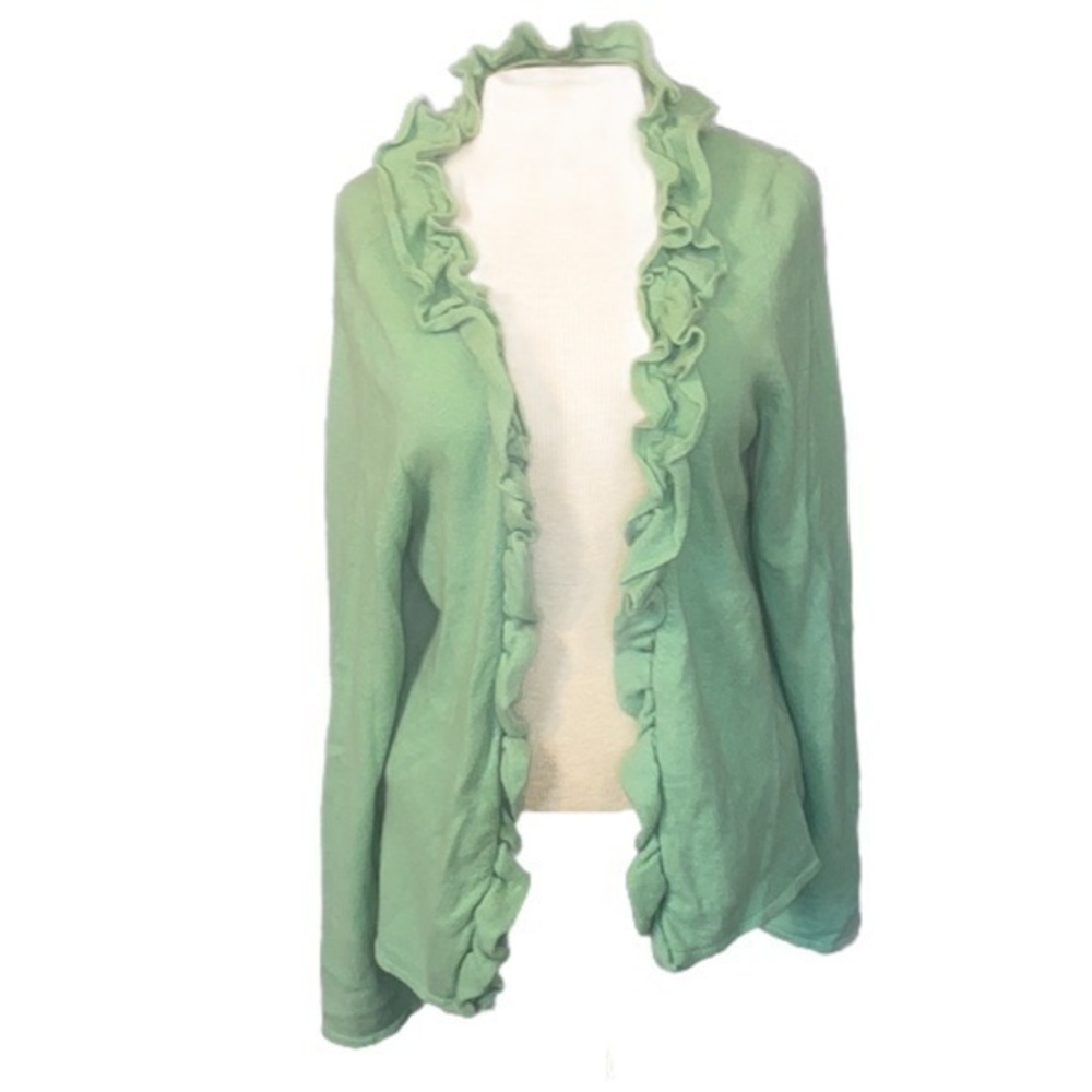 EVSEG 100% Pure Mongolian Goat Cashmere Cardigan Sweater Ruffles light green